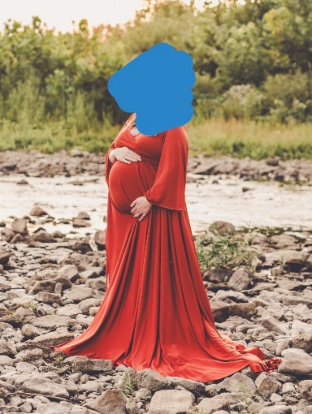 Red Maternity Gown - Flowing Off-Shoulder Maxi